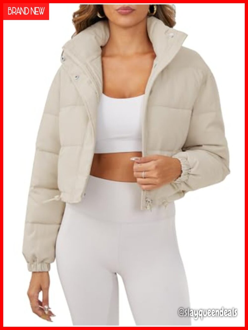 Women's Cropped Puffer Jacket Long Sleeve Puffy Coat Stand Collar Drawstring
